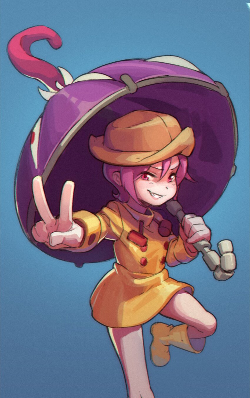1girl blue_background boots bubene drawstring full_body grin highres holding holding_umbrella hungern_(skullgirls) knee_up looking_at_viewer pink_eyes pink_hair raincoat short_hair skullgirls smile solo tongue tongue_out umbrella umbrella_(skullgirls) v