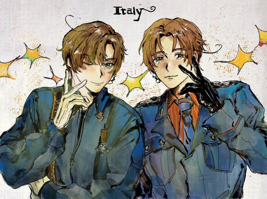 2boys ahoge aisfor_7744 axis_powers_hetalia brothers brown_eyes brown_hair collared_shirt gloves green_eyes highres jacket looking_at_viewer male_focus military_jacket military_uniform multiple_boys necktie northern_italy_(hetalia) one_eye_closed shirt short_hair siblings smile southern_italy_(hetalia) upper_body