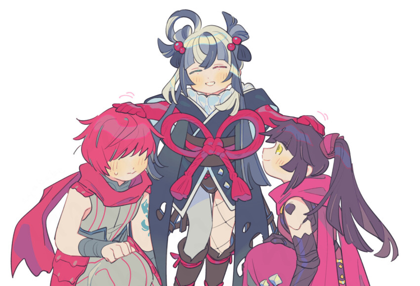 1boy 2girls asymmetrical_legwear black_hair blush fate/grand_order fate_(series) fuuma_kotarou_(fate) grey_hair hair_rings headpat kashin_koji_(fate) katou_danzou_(fate) multiple_girls oneroom-disco ponytail red_hair red_scarf scarf shoulder_tattoo smile tattoo white_background yellow_eyes