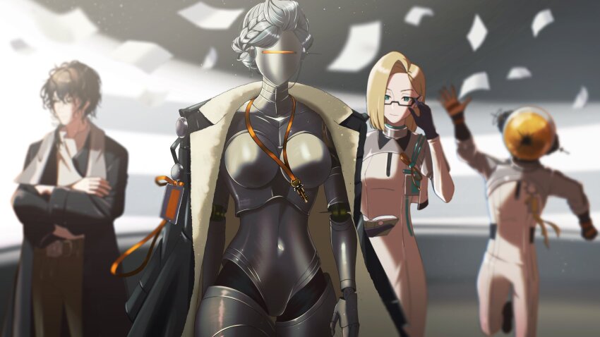 2boys 2girls adjusting_eyewear arm_up black_coat black_gloves black_hair blonde_hair blue_eyes blurry blurry_background breasts coat coat_on_shoulders cowboy_shot crossed_arms depth_of_field dress enigma_(reverse:1999) faceless facing_viewer ferrofluid fishbowl_helmet flying_paper glasses gloves grey_pants hand_on_eyewear highres holding holding_notebook humanoid_robot id_card indoors joints jumpsuit key lanyard large_breasts looking_to_the_side lucy_(reverse:1999) medium_hair metal_hair metal_skin milmil7 multiple_boys multiple_girls navel notebook object_head pants paper reverse:1999 robot robot_girl robot_joints running shirt simone_(reverse:1999) too_many_papers ulrich_(reverse:1999) white_dress white_jumpsuit white_shirt