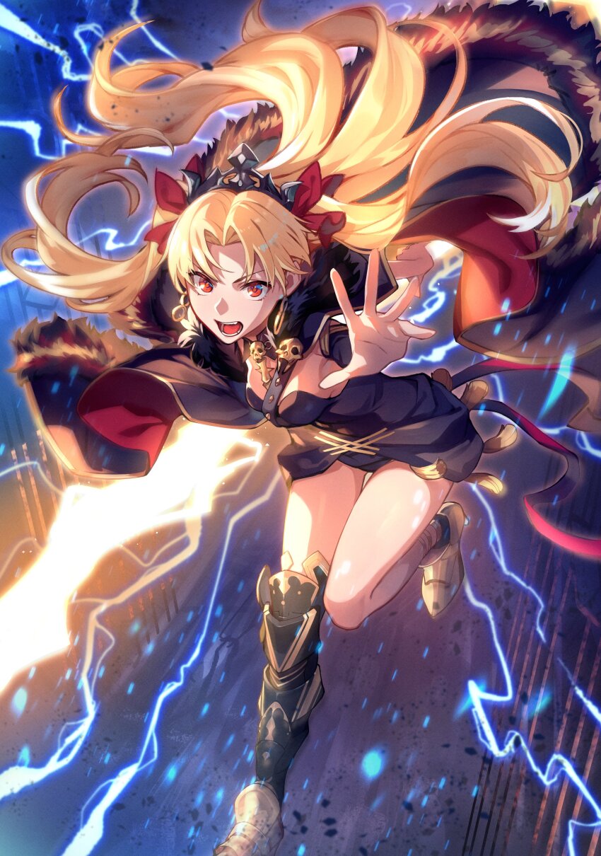 1girl absurdres asymmetrical_legwear black_dress blonde_hair boots cape dress earrings energy energy_weapon ereshkigal_(fate) fate/grand_order fate_(series) fur-trimmed_cape fur_trim highres jewelry long_hair red_eyes strap tiara uedrk_yamato