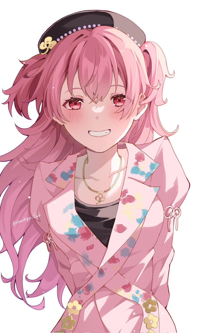 1girl ame_iroo blush breasts collarbone formal_clothes hat highres jewelry light_smile long_hair long_sleeves looking_at_viewer momoi_airi necklace pink_hair pink_suit project_sekai red_eyes simple_background smile suit two_side_up upper_body white_background