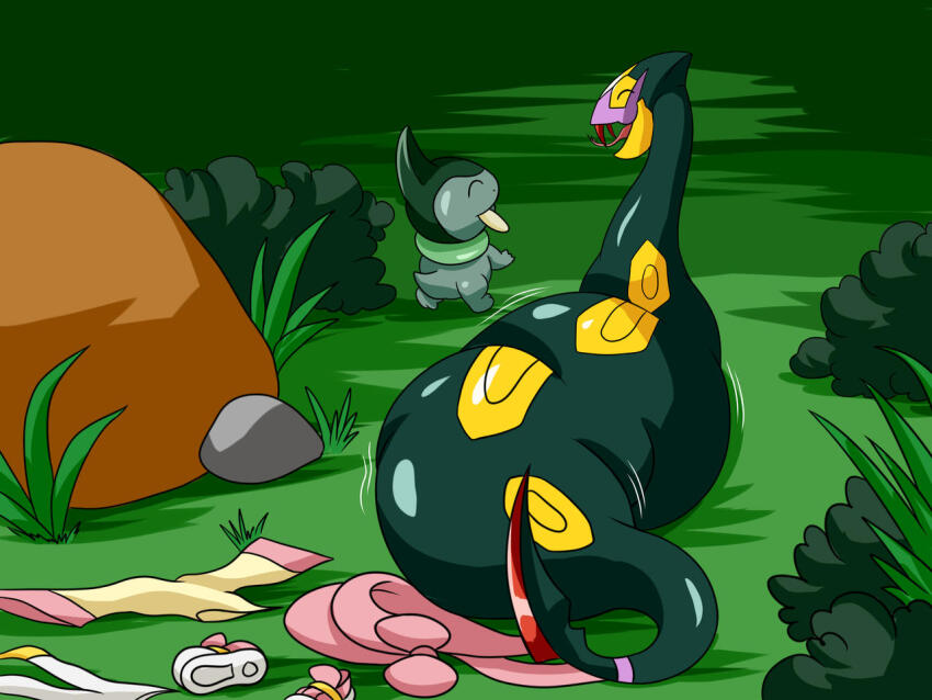 axew betrayal bulge dragon game_freak gen_3_pokemon gen_5_pokemon gym_leader happy inside_creature iris_(pokemon) krlitosss nintendo outdoors pants pokemon pokemon_bw seviper shoes skirt snake stomach stomach_bulge unworn_pants unworn_shoes unworn_skirt vore