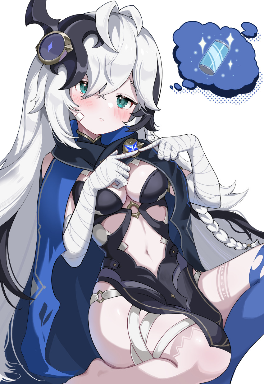 1girl absurdres bandage_on_face bandaged_arm bandages black_dress black_hair blue_cloak blush bodypaint breasts brooch can cleavage cloak closed_mouth commentary_request cosette_(stella_sora) dress drink_can frown green_eyes hair_ornament hair_over_one_eye head_tilt highres index_fingers_together jewelry long_hair medium_breasts multicolored_hair navel o-ring_dress simple_background sitting sleeveless sleeveless_dress soda_can solo speech_bubble stella_sora stomach streaked_hair swept_bangs thigh_strap thought_bubble two-tone_hair vavamva very_long_hair white_background white_hair yokozuwari