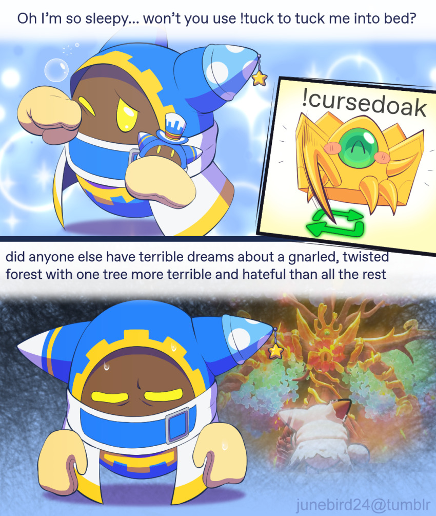 blush_stickers character_doll gloves highres junebird24 kirby&#039;s_return_to_dream_land_deluxe kirby_(series) magolor magolor_epilogue master_crown master_crown_(tree) nintendo no_humans one_eye_closed rayman_limbs screenshot_inset sleepy star_(symbol) sweatdrop torn_clothes tree tumblr_username yellow_eyes yellow_gloves