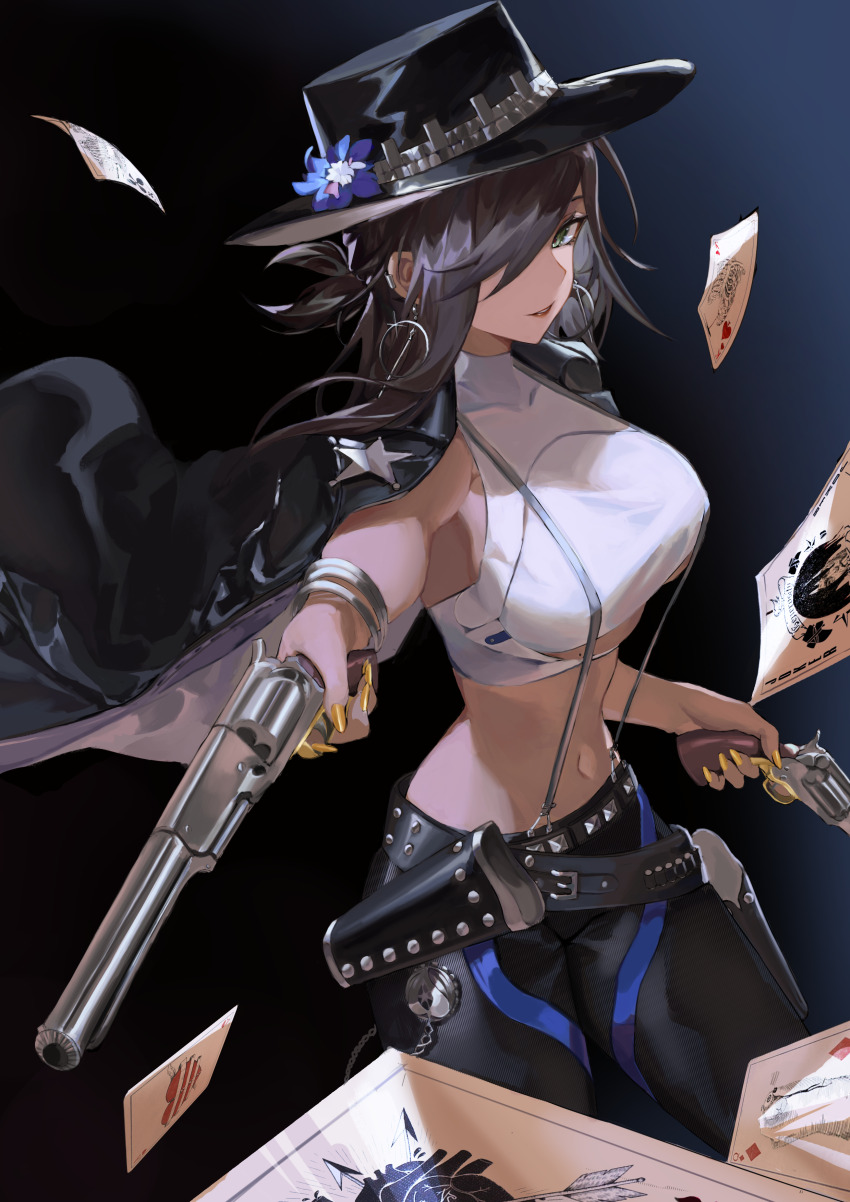 1girl absurdres black_hair black_hat black_pants bracelet breasts card colt_walker colt_walker_(girls&#039;_frontline) covered_collarbone cowboy_hat crop_top dual_wielding earrings girls&#039;_frontline gradient_background green_eyes gun hair_over_one_eye handgun hat highres holding holster hoop_earrings jacket jewelry large_breasts leather leather_pants looking_at_viewer midriff navel nineye pants playing_card revolver shirt simple_background sleeveless sleeveless_turtleneck smile solo suspenders taut_clothes taut_shirt turtleneck underboob weapon weapon_connection white_shirt yellow_nails