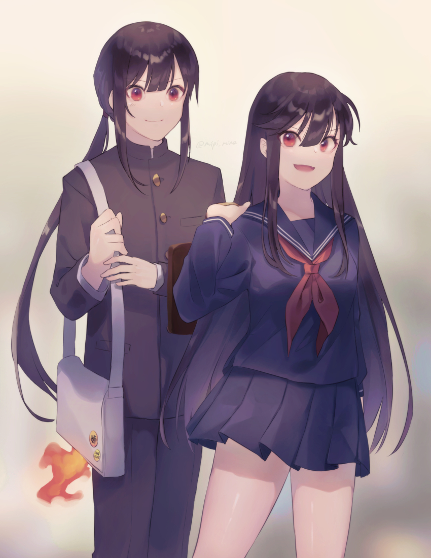 1boy 1girl :d bag black_hair black_jacket black_pants blue_sailor_collar blue_serafuku blue_skirt blunt_bangs breast_pocket brother_and_sister brown_bag carrying_over_shoulder closed_mouth contemporary cowboy_shot fate/grand_order fate_(series) fiery_hair gakuran gradient_background hair_between_eyes hands_up high_collar highres holding_strap jacket legs_together light_blush long_hair looking_at_another looking_at_viewer low_ponytail miniskirt mipi neckerchief oda_nobukatsu_(fate) oda_nobunaga_(fate) oda_nobunaga_(koha-ace) open_mouth pants pleated_skirt pocket ponytail red_eyes red_neckerchief sailor_collar school_uniform serafuku shoulder_bag siblings sidelocks skirt smile thighs twitter_username v-shaped_eyebrows very_long_hair white_bag