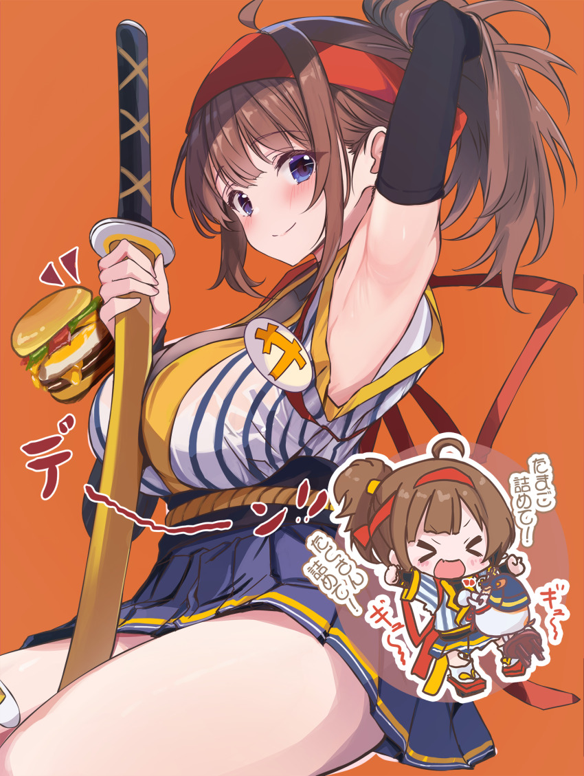 1girl armpits blue_eyes blue_skirt breasts burger closed_mouth commentary_request cutlass_(classic_chocolate) food hairband highres holding holding_sword holding_weapon imadake_dabuchi_tabemi katana large_breasts looking_at_viewer mcdonald&#039;s multiple_views orange_background ponytail red_hairband samurai_tamago_tabemi simple_background sitting skirt smile sword thighs weapon
