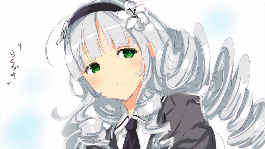 1girl bow bowtie drill_hair flower ginrei_(senran_kagura) green_eyes hair_bow hair_flower hair_ornament highres long_hair looking_to_the_side school_uniform senran_kagura silver_hair yaegashi_nan