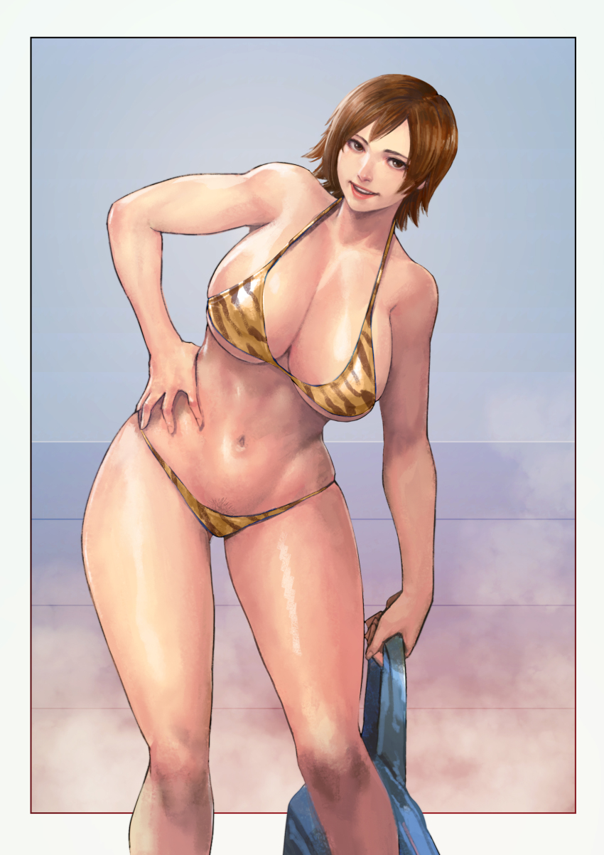 1girl absurdres bikini breasts brown_hair cirenk female_pubic_hair hand_on_own_hip highres kazama_asuka large_breasts namco paid_reward_available pubic_hair pubic_hair_peek short_hair solo swimsuit tekken tekken_5_(dark_resurrection) tekken_7 tekken_tag_tournament_2