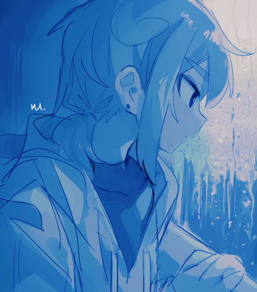 1boy absurdres blue_theme bright_pupils closed_mouth commentary_request covered_collarbone drawstring earrings hand_on_own_arm highres hood hood_down hoodie jewelry long_sleeves low_ponytail monochrome original ponytail raito-kun_(uenomigi) short_hair short_ponytail stud_earrings uenomigi upper_body