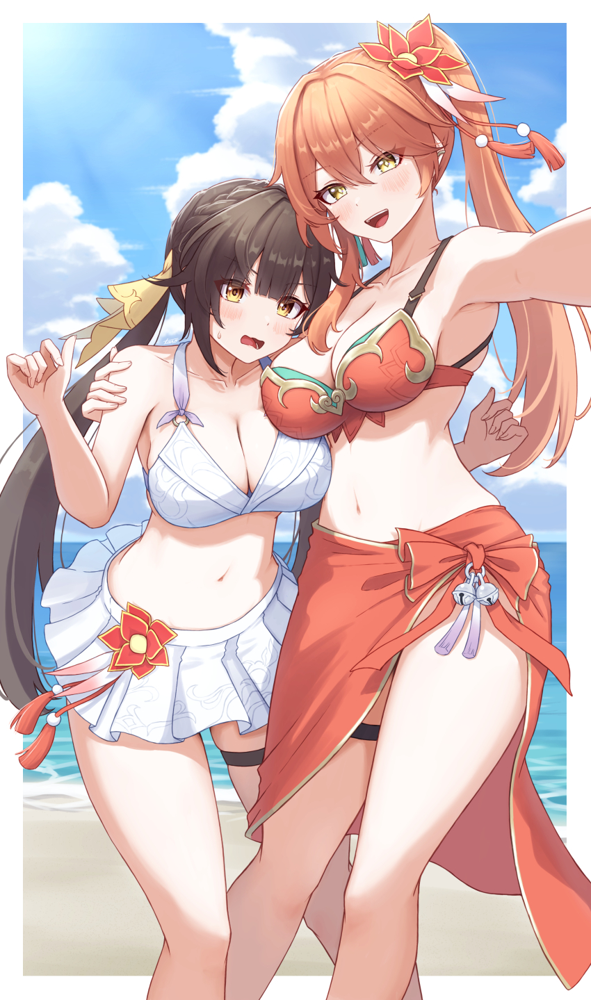 2girls absurdres alternate_costume armpits bare_legs bare_shoulders beach bikini bikini_skirt blue_sky blush border breasts brown_hair cleavage cloud cloudy_sky collarbone commentary commentary_request flower guinaifen_(honkai:_star_rail) hair_flower hair_ornament hand_on_another&#039;s_arm highres honkai:_star_rail honkai_(series) large_breasts long_hair looking_at_viewer multiple_girls navel ocean open_mouth orange_bikini orange_hair orange_sarong outside_border sand sarong sky stomach summer sushang_(honkai:_star_rail) sweatdrop swimsuit taro_(peach_taro51) teeth thigh_strap thighs upper_teeth_only white_bikini white_border yellow_eyes