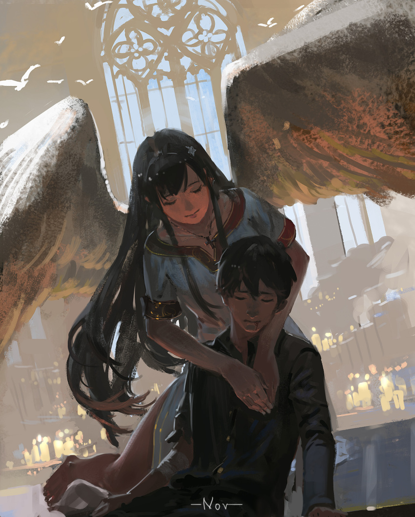 1boy 1girl angel_wings artist_name bandages barefoot bird black_hair black_pants candle church closed_eyes cross dress feathered_wings highres hug indoors jeanex jewelry kneeling long_hair necklace original pants priest short_hair sitting smile white_dress window wings