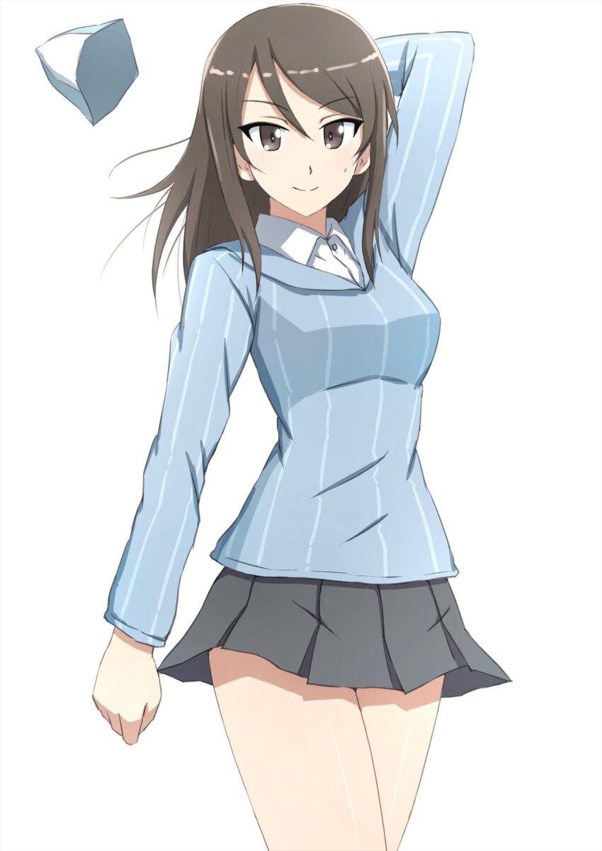 1girl arm_behind_head blue_hat blue_shirt brown_eyes brown_hair closed_mouth commentary cowboy_shot dress_shirt girls_und_panzer grey_skirt hat highres keizoku_school_uniform long_hair long_sleeves looking_at_viewer mika_(girls_und_panzer) miniskirt omachi_(slabco) pleated_skirt school_uniform shirt simple_background skirt smile solo standing striped_clothes striped_shirt sweatdrop tulip_hat unworn_hat unworn_headwear vertical-striped_clothes vertical-striped_shirt white_background white_shirt wind wing_collar