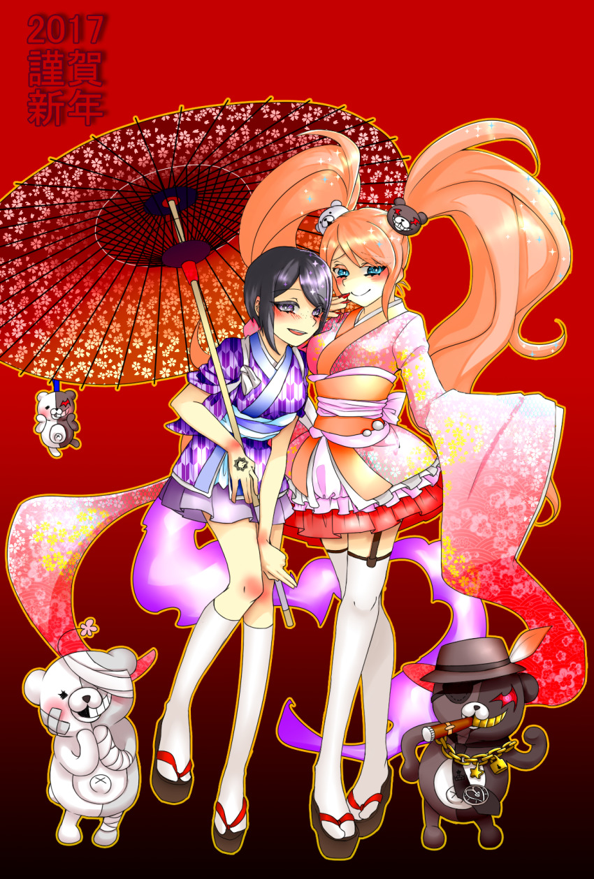 2girls alternate_costume bandage_on_face bandage_over_one_eye bandaged_arm bandaged_head bandaged_leg bandages black_hair blonde_hair blue_eyes blush breasts calf_socks chain chain_necklace cigar danganronpa:_trigger_happy_havoc danganronpa_(series) danganronpa_another_episode:_ultra_despair_girls enoshima_junko eyebrows eyebrows_hidden_by_hair fake_nails feathers fedora fingernails fingers_to_mouth freckles full_body garter_straps geta gold_chain hand_tattoo hat highres ikusaba_mukuro japanese_clothes jewelry kimono kurokuma_(danganronpa) large_breasts laughing legs lock long_fingernails long_hair looking_at_viewer medium_breasts medium_hair monokuma multiple_girls nail_polish neck necklace necktie new_year obi open_mouth padlock parasol pink_kimono purple_eyes purple_kimono purple_skirt red_nails red_skirt sandals sash shirokuma_(danganronpa) siblings simple_background sisters skirt smile tabi tattoo teeth thighhighs thighs traditional_dress twins twintails umbrella upper_teeth_only