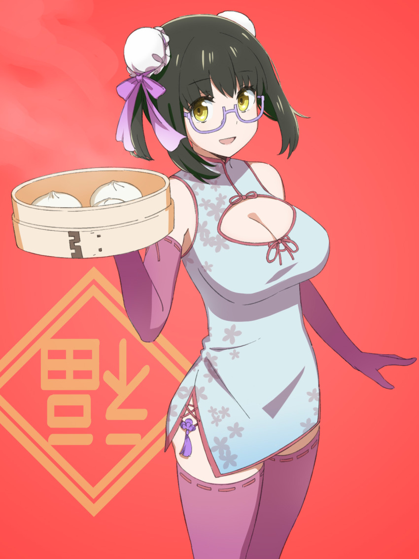 1girl :d alternate_costume alternate_hairstyle bamboo_steamer steamed_bun black_hair breasts bun_cover china_dress chinese_clothes cleavage cleavage_cutout clothing_cutout commentary_request cowboy_shot double_bun dress elbow_gloves food glasses gloves hair_bun hand_up highres holding holding_tray lace lace-trimmed_gloves lace-trimmed_legwear lace_trim large_breasts looking_at_viewer mahouka_koukou_no_rettousei medium_hair open_mouth purple-framed_eyewear purple_gloves purple_ribbon purple_thighhighs red_background ribbon semi-rimless_eyewear shibata_mizuki short_hair sleeveless sleeveless_dress smile solo steam sumi_(shibata3gb) thighhighs tray under-rim_eyewear yellow_eyes