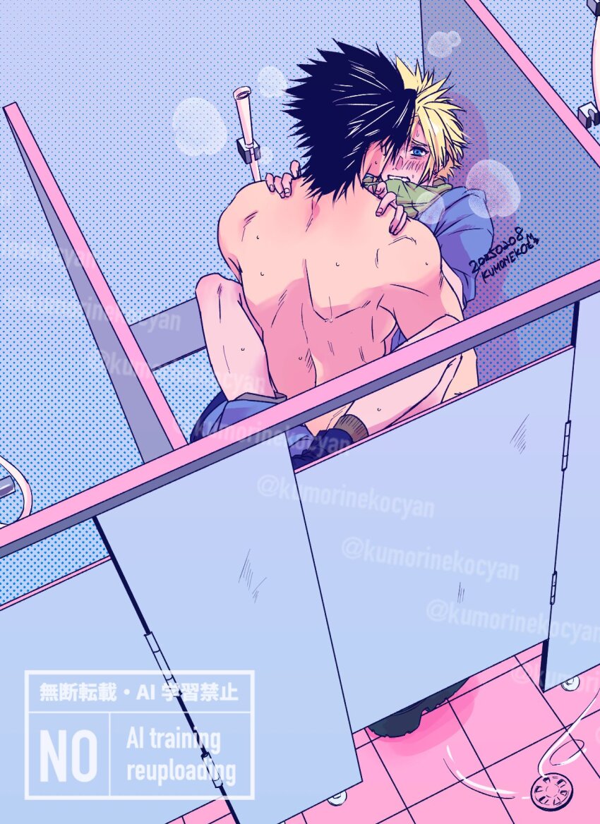 2boys bathroom black_hair blonde_hair blue_eyes blue_shirt blush cloud_strife crisis_core_final_fantasy_vii drain_(object) final_fantasy final_fantasy_vii from_above green_scarf hands_on_another&#039;s_shoulders heavy_breathing highres implied_penetration implied_sex kumorinekocyan looking_at_another male_focus multiple_boys pants_around_ankles scarf shirt short_hair spiked_hair sweat topless_male twitter_username upper_body watermark yaoi zack_fair