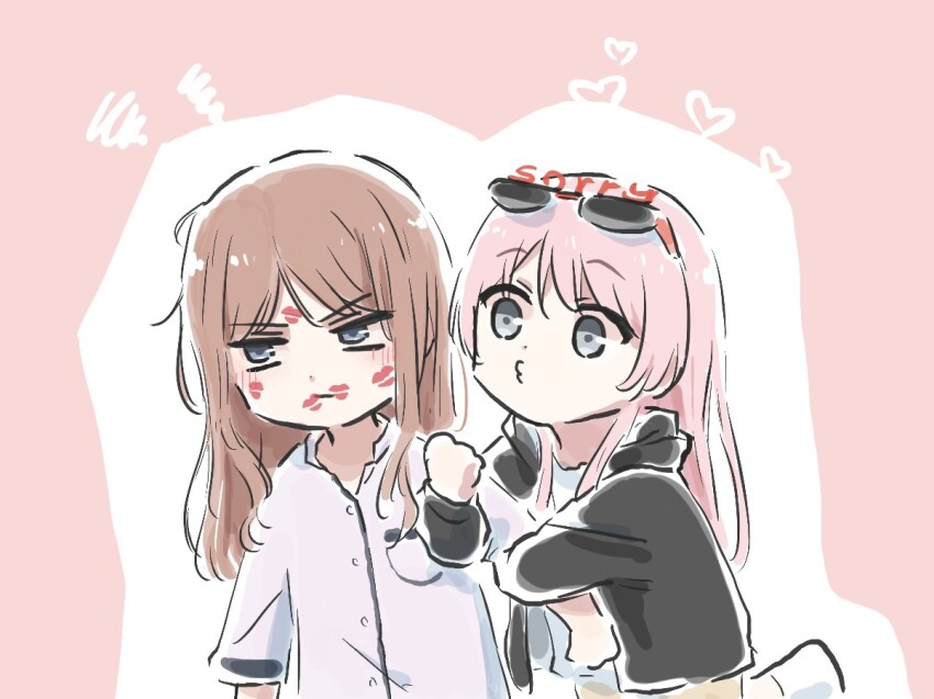 2girls bang_dream! bang_dream!_it&#039;s_mygo!!!!! black_jacket blue_eyes blush brown_hair chihaya_anon closed_mouth commentary_request dress grey_eyes heart holding_own_arm hood hood_down hooded_jacket jacket lipstick_mark lipstick_mark_on_face lyy multiple_girls nagasaki_soyo pajamas pink_hair squiggle white_dress yuri