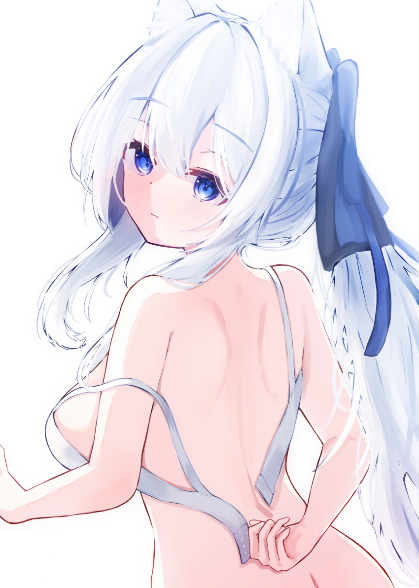 1girl absurdres animal_ears back bare_shoulders blue_eyes blue_hair bra breasts cat_ears cat_girl commentary_request highres large_breasts light_blue_hair looking_ahead nekoratte open_bra original ponytail simple_background solo strap_slip underwear upper_body white_background white_bra