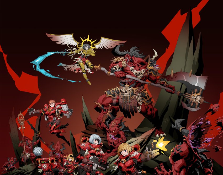 adepta_sororitas armor black_hair blonde_hair bolt_pistol bolter demon highres imperium_of_man khorne medium_hair multiple_girls rmulderz short_hair shoulder_armor silver_hair sisters_of_battle sword warhammer_40k weapon wingsuit