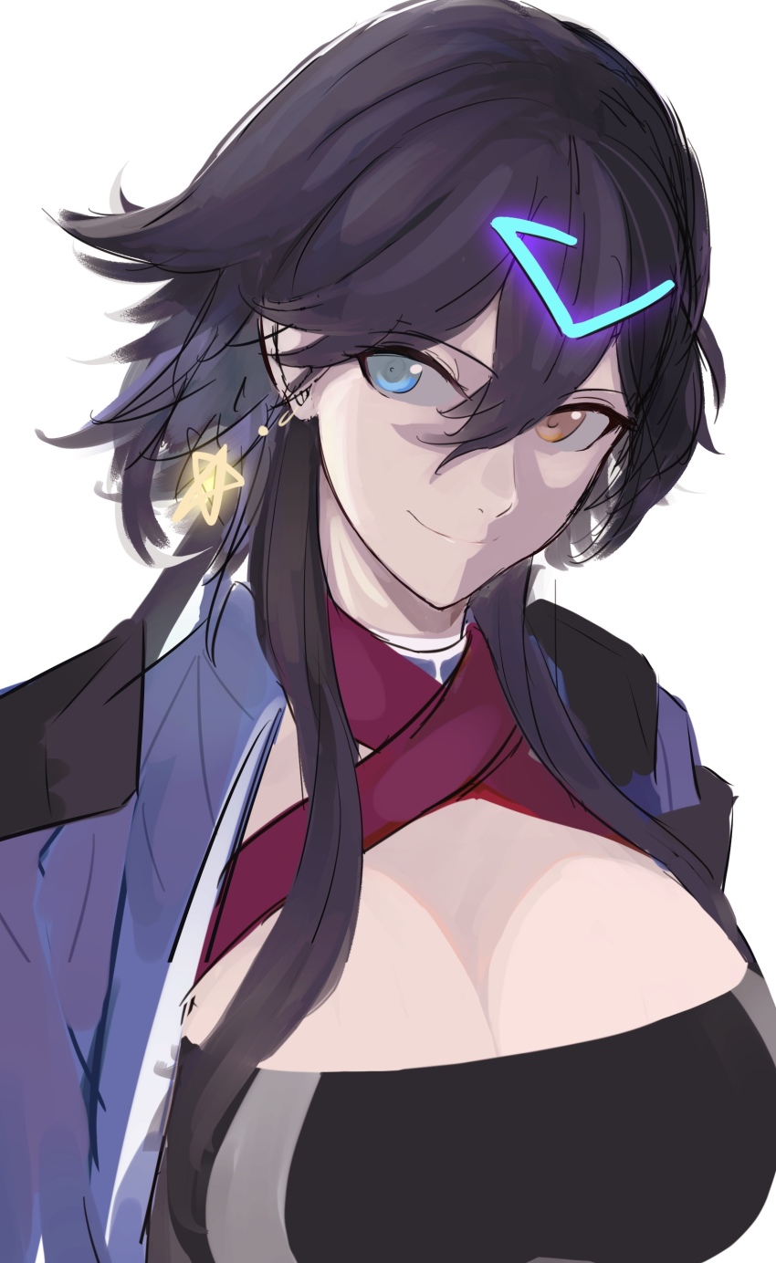 1girl absurdres azur_lane black_hair blue_eyes breasts brown_eyes cleavage earrings georgia_(azur_lane) hair_between_eyes hair_ornament hairclip head_tilt heterochromia highres jewelry large_breasts short_hair_with_long_locks sidelocks sketch smile solo star_(symbol) star_earrings upper_body user_rswv5528 white_background