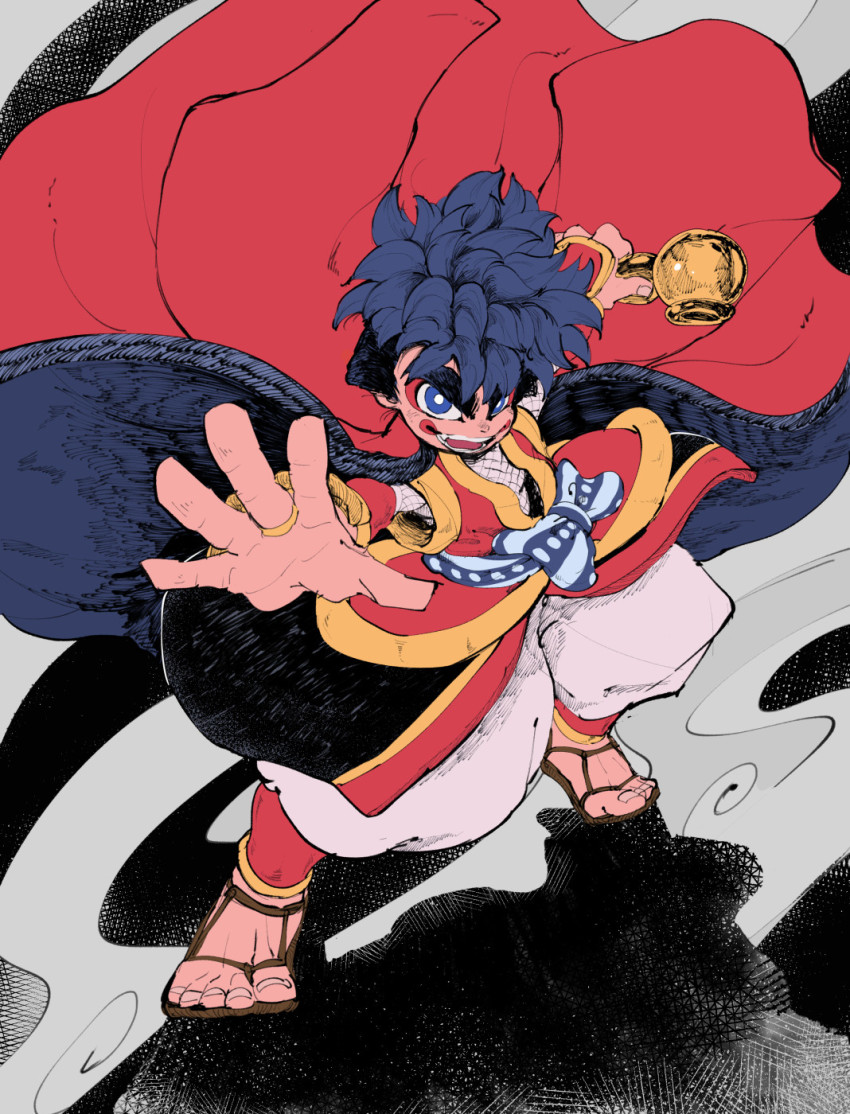 1boy alternate_costume baggy_pants blue_eyes blue_hair bodystocking bright_pupils cloak cloak_lift ezume_(rosehip) facepaint fishnet_armwear fishnet_bodystocking fishnets ganbare_goemon gauntlets goemon grin highres kiseru makeup male_focus ninja no_socks open_mouth open_palm pants sandals sash smile smoke smoking_pipe solo spiked_hair thick_eyebrows white_pupils