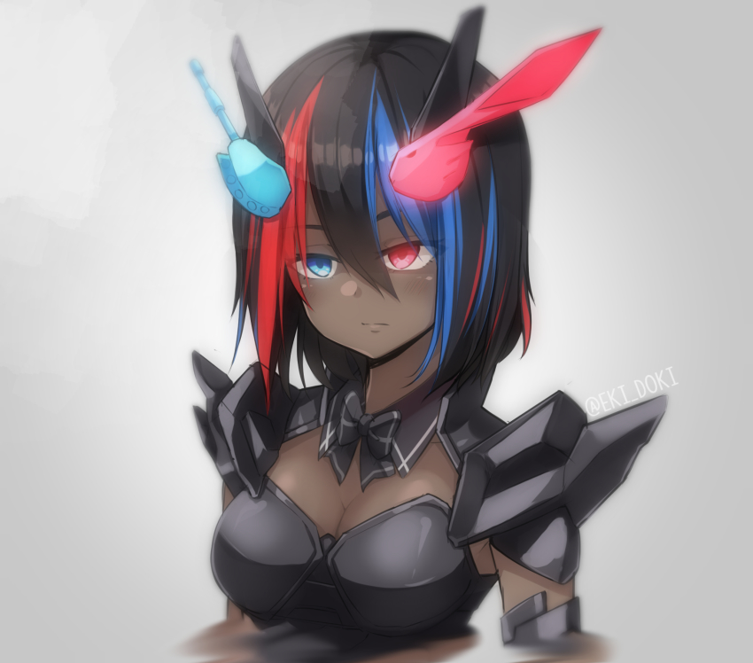 1girl armor black_armor black_bow black_bowtie black_hair blue_eyes blue_hair blurry bow bowtie breasts cleavage closed_mouth commentary dark-skinned_female dark_skin detached_collar eki_doki expressionless female_focus genderswap genderswap_(mtf) glowing grey_background hair_between_eyes headgear heterochromia highres instagram_username kamen_rider kamen_rider_build kamen_rider_build_(series) looking_away medium_breasts medium_hair multicolored_hair red_eyes red_hair rider-tan shoulder_armor solo streaked_hair tsurime upper_body