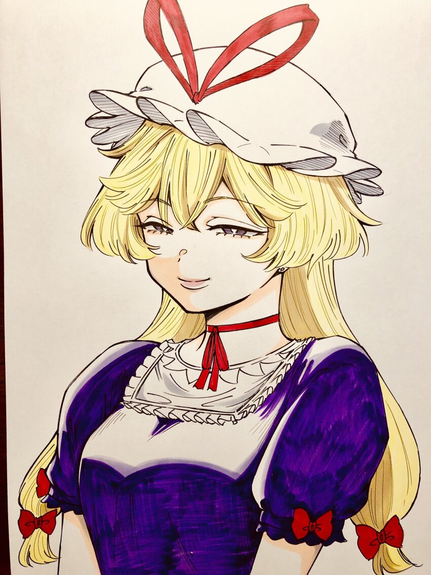 1girl blonde_hair bow breasts choker closed_mouth dress frilled_sleeves frills hair_bow hat hat_ribbon highres long_hair medium_breasts mob_cap multiple_hair_bows puffy_short_sleeves puffy_sleeves purple_dress red_bow red_ribbon ribbon ribbon_choker s590220 seductive_smile short_sleeves simple_background smile solo touhou traditional_media upper_body white_background white_hat yakumo_yukari yellow_eyes