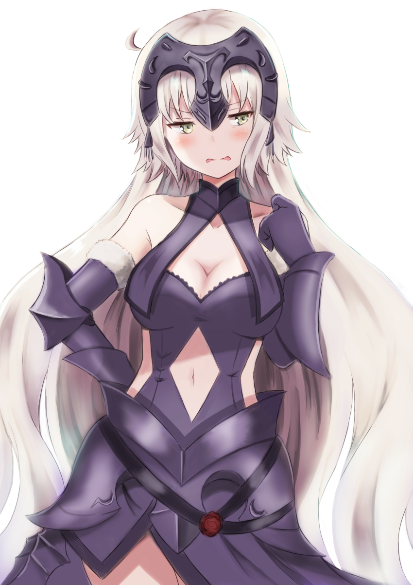 1girl absurdres ahoge blush breasts cleavage commentary_request fate/grand_order fate_(series) female_focus gauntlets grey_eyes hairpiece highres jeanne_d&#039;arc_(fate) jeanne_d&#039;arc_alter_(avenger)_(fate) jeanne_d&#039;arc_alter_(avenger)_(third_ascension)_(fate) jeanne_d&#039;arc_alter_(fate) long_hair looking_away navel parted_lips shibakame silver_hair solo wavy_mouth white_background