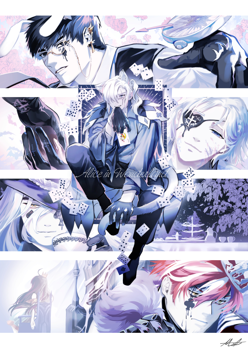 5boys absurdres ace_(playing_card) ace_of_hearts ace_of_spades alchemy_stars alice&#039;s_adventures_in_wonderland amol_0522 animal_ears barton_(alchemy_stars) biting biting_glove braid card charon_(alchemy_stars) club_(shape) club_facial_mark commentary crown cup dated_commentary diamond_facial_mark earrings eight_of_diamonds_(playing_card) eight_of_spades eyepatch facial_mark five_of_spades flower four_of_hearts gloves hat_over_one_eye heart highres holding holding_card jacket jewelry kemonomimi_mode makeup male_focus multiple_boys nails_(alchemy_stars) nine_of_hearts pants pittman_(alchemy_stars) playing_card pocket_watch ponytail rabbit_ears rose runny_makeup scar scar_on_face sinsa_(alchemy_stars) spade_(shape) spade_facial_mark table teacup teapot ten_of_clubs three_of_diamonds two_of_clubs watch
