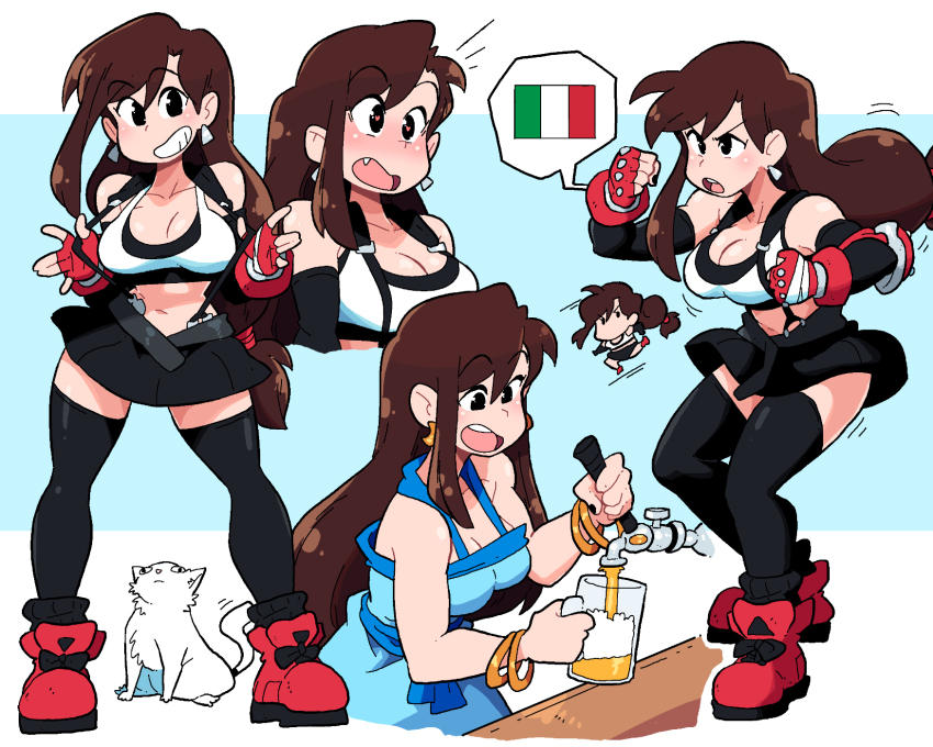1girl alcohol armpit_crease asymmetrical_bangs bandaged_hand bandages bare_shoulders beer beer_mug beer_tap black_eyes black_gloves black_nails black_skirt black_socks black_sports_bra black_thighhighs blue_background blue_dress bracelet breasts brown_hair cat chibi cleavage collarbone commentary counter cowboy_shot crescent crescent_earrings crop_top cropped_legs cropped_torso cup dress earrings elbow_gloves elbow_pads fang final_fantasy final_fantasy_vii fingerless_gloves full_body gloves gold_bracelet gold_earrings grin hands_up heart heart-shaped_pupils highres italian_flag italian_senate_porn_livestream_(meme) jewelry light_blush long_hair looking_at_viewer looking_to_the_side low_ponytail medium_breasts miniskirt motion_lines mug multiple_views nail_polish navel open_mouth pleated_skirt ponytail red_footwear red_gloves round_teeth scott_malin shirt shoes simple_background single_sidelock skirt smile sneakers socks sports_bra standing straight_hair strap_pull suspender_skirt suspenders swept_bangs symbol-shaped_pupils teeth thighhighs tifa_lockhart two-tone_background upper_body upper_teeth_only v-shaped_eyebrows very_long_hair w_arms white_background white_cat white_shirt zettai_ryouiki