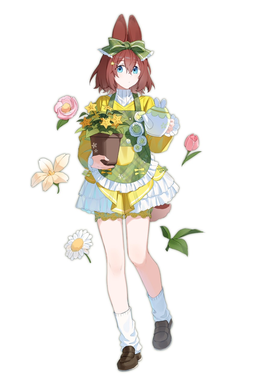 1girl alternate_costume animal_ears anzu_(ensemble_stars!) apron blue_eyes bow brown_hair closed_mouth daisy dreonya ensemble_stars! flower flower_pot frilled_apron frilled_skirt frills full_body green_apron green_bow hair_between_eyes hair_ornament hairclip highres holding holding_flower_pot holding_watering_can leaf leg_warmers looking_at_viewer medium_hair pink_flower rabbit_ears simple_background skirt solo tulip watering_can white_background white_flower white_leg_warmers yellow_flower