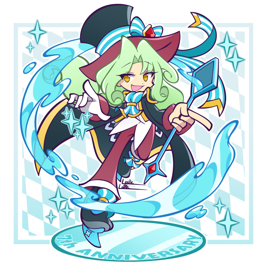 1boy :3 androgynous anniversary ascot black_coat black_footwear blue_ascot blue_background blue_ribbon border checkered_background coat curly_hair curly_sidelocks curtained_hair deformed dynamic_pose full_body gloves green_hair hair_intakes hands_up hat hat_ribbon highres holding holding_staff hydrokinesis ice_skates knee_up leslietheluna long_hair looking_to_the_side low-tied_long_hair male_focus middle_part no_pupils official_style open_clothes open_coat open_mouth outside_border pants puyopuyo puyopuyo_quest red_hat red_pants ribbon sans_(puyopuyo) shirt sideways_glance single_glove skates solo sparkle staff standing standing_on_one_leg striped_ascot striped_ribbon top_hat tumblr_username turning_head twitter_username two-tone_ascot two-tone_background two-tone_hat two-tone_ribbon untucked_shirt water white_ascot white_background white_border white_gloves white_ribbon white_shirt yellow_eyes yellow_trim