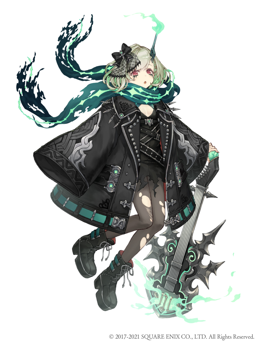 1girl :o absurdres belt boots bow breasts electric_guitar full_body green_hair guitar hair_bow highres horns instrument jacket ji_no lace-up_boots little_match_girl_(sinoalice) long_sleeves looking_at_viewer makeup official_art oversized_clothes pantyhose platform_boots platform_footwear red_eyes scarf short_hair single_horn sinoalice sleeves_past_wrists small_breasts solo square_enix torn_clothes torn_pantyhose white_background