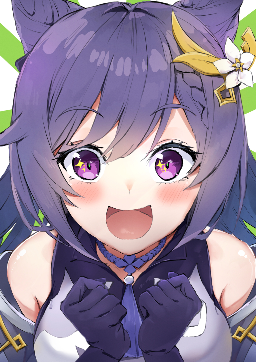 1girl :d absurdres bare_shoulders blush braid commentary commentary_request double_bun genshin_impact gloves hair_bun hair_ornament hairclip happy highres honehone_(xsnk8483) keqing_(genshin_impact) looking_at_viewer open_mouth purple_eyes purple_hair smile solo sparkling_eyes twintails