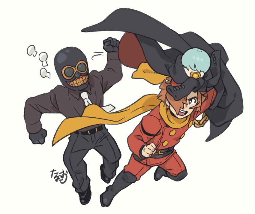 3boys absurdres black_boots black_ghost black_pants black_shirt boots brown_hair chasing coat cyborg cyborg_009 grey_hair hair_over_eyes hair_over_one_eye highres ivan_whisky looking_at_another multiple_boys pants red_coat running scarf shimamura_joe shirt short_hair tanaotanako yellow_scarf