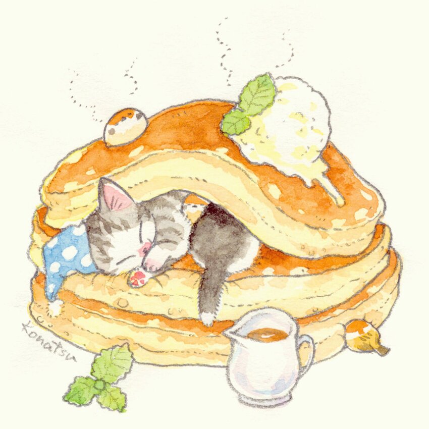 animal animal_focus animal_hands baby_animal bird blue_hat butter cat cat_paws closed_eyes commentary_request finch food food_focus hat highres kitten konatsu_tunacan leaf original pancake pancake_stack pawpads sleeping syrup traditional_media undersized_animal