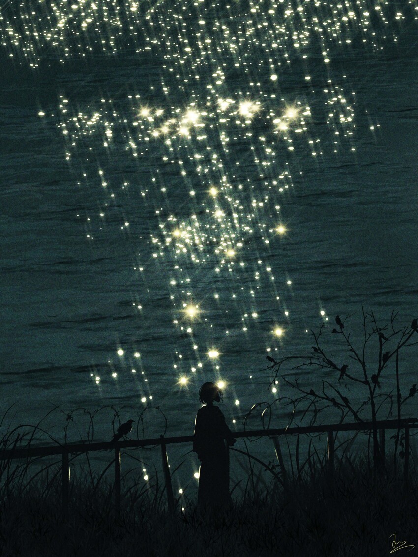 1girl absurdres arm_at_side barbed_wire bird diffraction_spikes facing_away from_behind grass highres huashijw lens_flare long_skirt nature night original outdoors overgrown plant railing reflection reflective_water revision scenery shirt short_hair signature silhouette skirt solo tall_grass water wide_shot