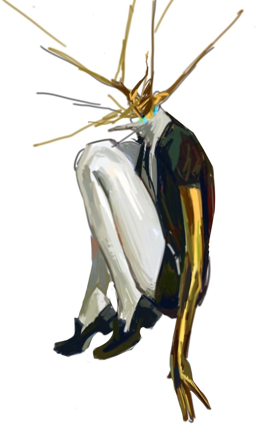 1other androgynous black_shoes cracked_skin faceless full_body gem_uniform_(houseki_no_kuni) gold golden_arms headless highres houseki_no_kuni other_focus phosphophyllite phosphophyllite_(gemstone) shoes simple_background sitting solo surreal symbolism tinaren15 white_background
