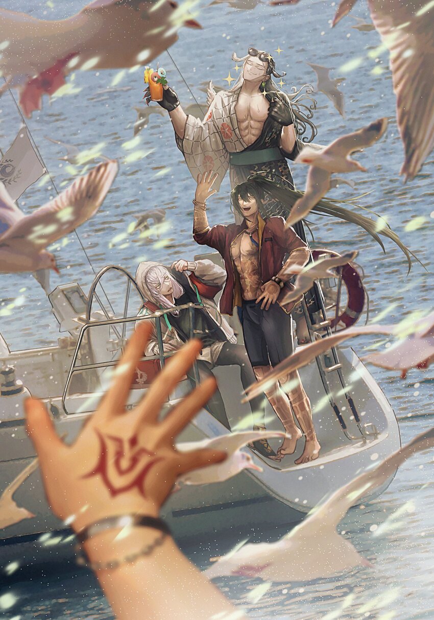 4boys abs arm_tattoo asclepius_(fate) asclepius_(summer_rescue)_(fate) ashiya_douman_(asagao-patterned_yukata)_(fate) ashiya_douman_(fate) barefoot bird black_hair black_shirt black_shorts blurry blurry_foreground boat bracelet closed_eyes cup drink eyewear_on_head fate/grand_order fate_(series) fingernails flower_tattoo fujimaru_ritsuka_(male) full_body grey_hair hand_tattoo highres holding holding_cup holding_drink hood hooded_jacket jacket japanese_clothes jewelry kimono long_hair long_sleeves male_focus multicolored_hair multiple_boys ocean open_clothes open_jacket open_mouth pectorals pov red_jacket seagull sharp_fingernails shirt short_sleeves shorts sitting sparkle standing sunglasses sweat tattoo teeth tropical_drink two-tone_hair upper_teeth_only very_long_hair watercraft waving white_hair white_jacket white_shorts yan_qing_(fate) yan_qing_(training_wear)_(fate) yin_yang_tattoo yorunue_ro yukata
