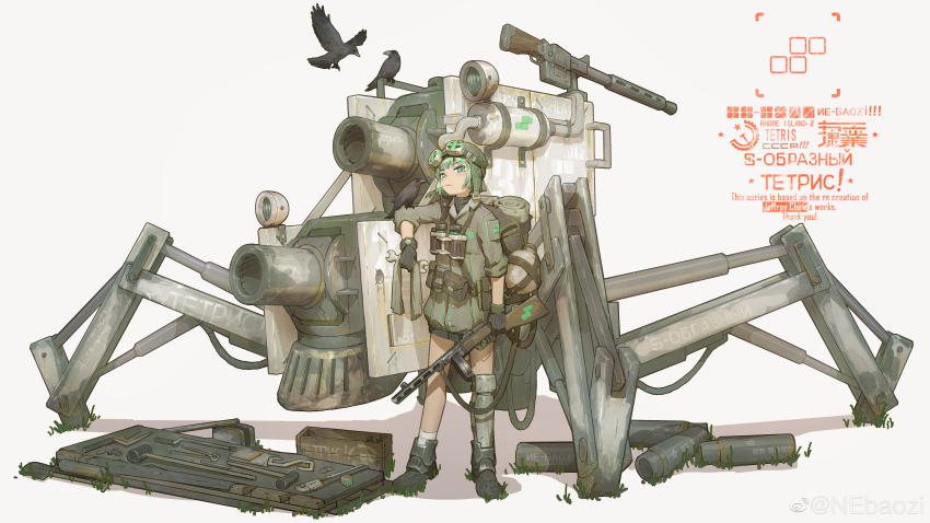 1girl absurdres animal binoculars bird black_gloves commentary_request gloves goggles goggles_on_headwear green_eyes green_hair gun highres holding holding_gun holding_weapon holding_wrench looking_at_viewer manually-operated_mounted_gun mecha mouth_hold ne_baozi original ppsh-41 robot short_hair simple_background solo stalk_in_mouth submachine_gun tetris walker_(robot) weapon wrench