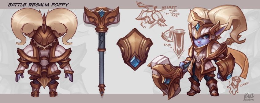 1girl alternate_costume animal_ears armor artist_name battle_regalia_poppy blue_eyes buckler character_name concept_art fang gauntlets hammer helmet highres kienan_lafferty league_of_legends multiple_views poppy_(league_of_legends) scarf shield turnaround twintails weapon white_hair