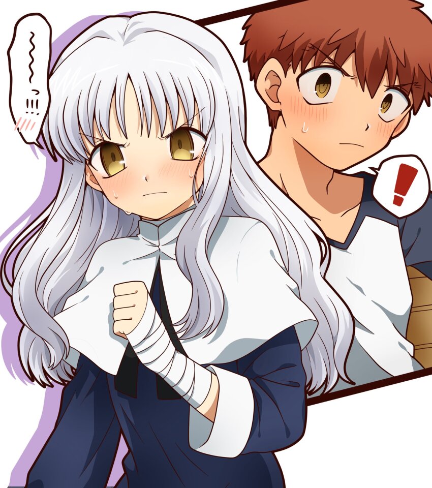 1boy 1girl beret blush breasts brooch caren_hortensia church command_spell cross emiya_shirou fate/hollow_ataraxia fate/stay_night fate_(series) fragarach_(fate) hat highres igote jewelry layered_sleeves long_hair looking_at_viewer orange_hair pantyhose pew raglan_sleeves red_hair shawl thighhighs thighhighs_over_pantyhose tsubuta_hiro wavy_hair white_background white_hair yellow_eyes