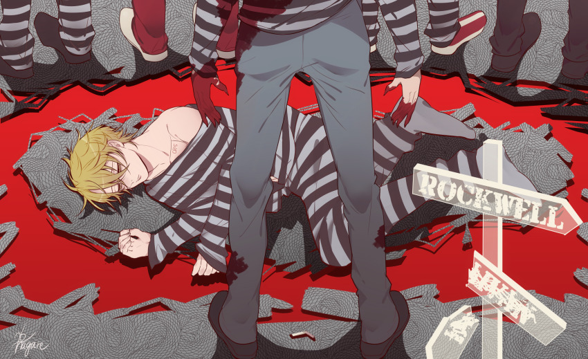 6+boys bakshi_christensen blonde_hair blood blood_on_clothes blood_on_hands cigarette closed_mouth fingernails giancarlo_bourbon_del_monte head_out_of_frame highres location_name lucky_dog_1 male_focus multiple_boys nagare26 off_shoulder pants prison_clothes sharp_fingernails shirt sign signature striped_clothes striped_pants striped_shirt