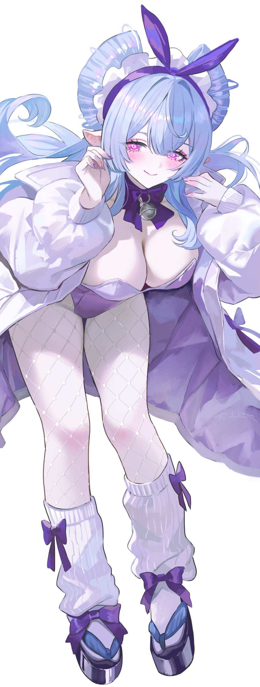 1girl absurdres bell blue_hair blush bow bowtie breasts cleavage closed_mouth fingernails fishnet_pantyhose fishnets footwear_bow genshin_impact highres jacket large_breasts leaning_forward leotard long_hair long_sleeves maria_(maria_rose) multicolored_jacket nail_polish neck_bell nihongami open_clothes open_jacket pale_skin pantyhose pink_eyes playboy_bunny pointy_ears purple_bow purple_bowtie purple_jacket purple_leotard purple_nails purple_ribbon purple_sandals ribbed_socks ribbon sandals simple_background smile socks solo thighs two-tone_jacket white_background white_jacket white_pantyhose white_socks yumemizuki_mizuki