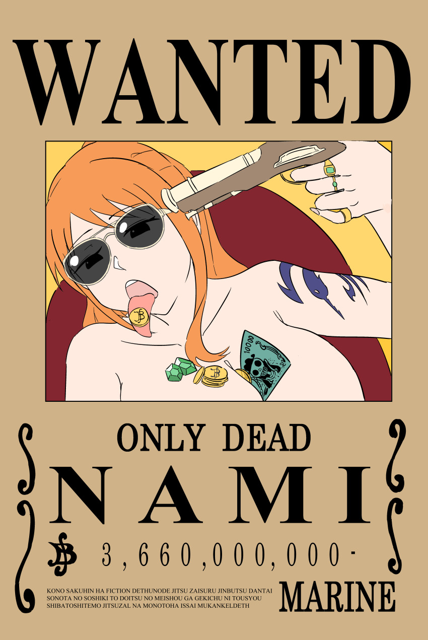1girl absurdres coin gun highres holding holding_gun holding_weapon nami_(one_piece) one_piece tattoo tongue tongue_out wanted_poster weapon yazorok