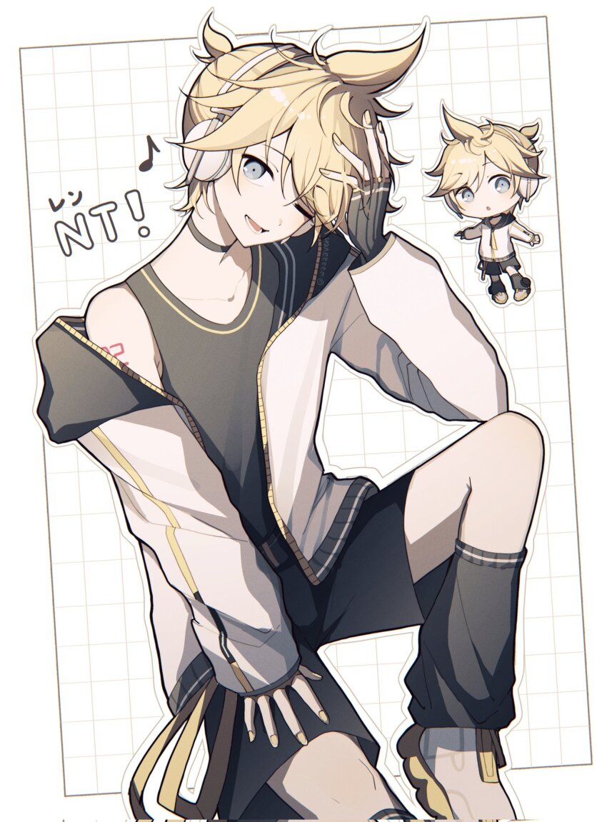 1boy ;d ahoge art_waven black_choker black_gloves black_hood black_shirt black_shorts black_socks blonde_hair border character_name choker chromatic_aberration collarbone commentary cowboy_shot film_grain fingerless_gloves gloves grey_eyes grid_background hand_on_own_head hand_on_own_thigh headphones highres hood hood_down hooded_jacket invisible_chair jacket kagamine_len kagamine_len_(nt) knee_up kneehighs long_sleeves looking_at_viewer loose_socks lower_teeth_only male_focus musical_note nail_polish number_tattoo one_eye_closed open_clothes open_jacket open_mouth outline outside_border ponytail puffy_long_sleeves puffy_sleeves ribbed_gloves shirt short_hair short_ponytail shorts shoulder_tattoo simple_background single_bare_shoulder sitting sleeveless sleeveless_shirt smile socks solo tattoo teeth tongue vocaloid white_background white_border white_jacket white_outline yellow_nails