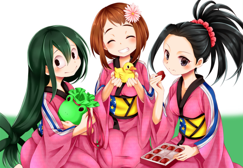 3girls ^_^ alternate_costume animal_bag asui_tsuyu bag black_eyes black_hair blush boku_no_hero_academia breasts brown_hair chikuwa_savy closed_eyes closed_mouth commentary_request double-parted_bangs eating flower grass hair_between_eyes hair_flower hair_ornament hair_rings hair_scrunchie holding holding_bag holding_rubber_duck japanese_clothes kimono long_hair long_sleeves looking_to_the_side low-tied_long_hair medium_breasts multiple_girls obi pink_flower pink_kimono pink_scrunchie ponytail rubber_duck sash scrunchie seiza short_hair sitting smile teeth uraraka_ochako very_long_hair white_background wide_sleeves yaoyorozu_momo