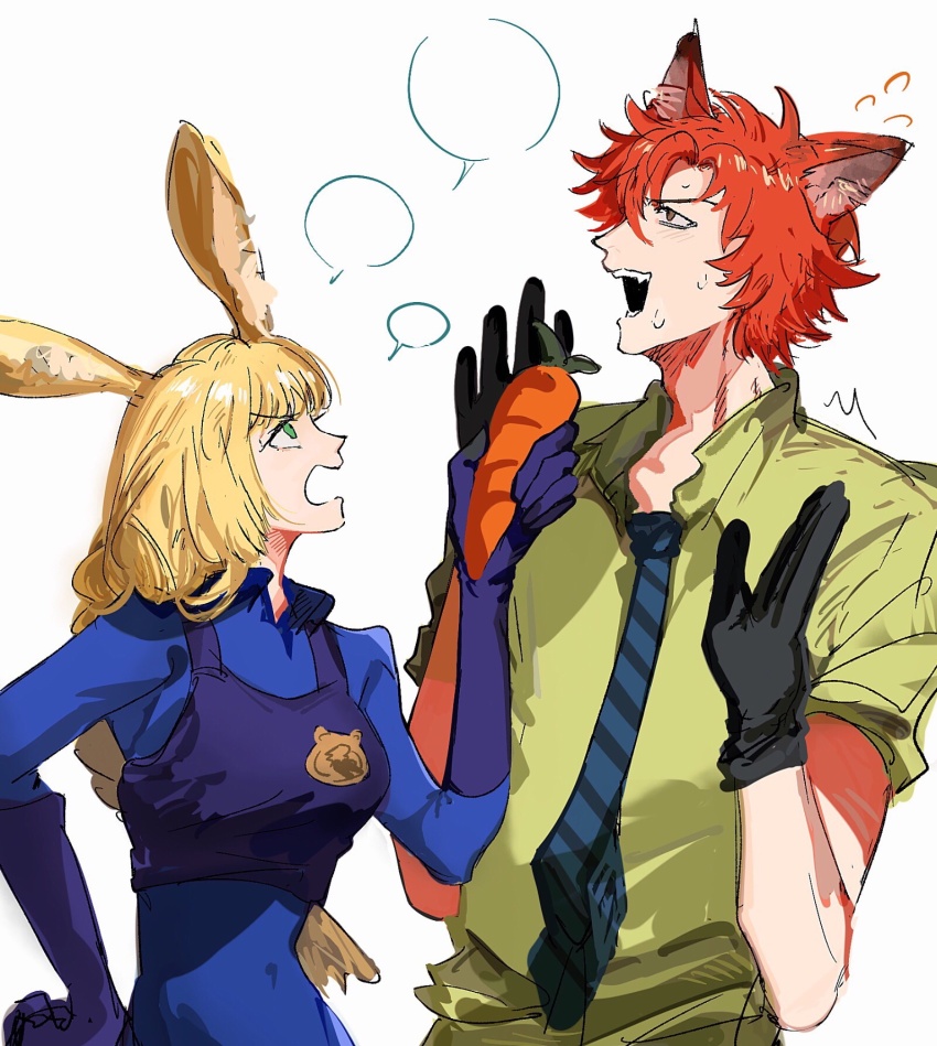 1boy 1girl ^^^ animal_ear_fluff animal_ears aqua_eyes black_gloves blank_speech_bubble blonde_hair blue_gloves blue_necktie blue_shirt braid carrot collared_shirt commentary_request cosplay covered_navel disney elbow_gloves fire_emblem fire_emblem:_three_houses flying_sweatdrops food fox_boy fox_ears gloves green_shirt hand_on_own_hip hands_up highres holding holding_carrot holding_food ingrid_brandl_galatea judy_hopps judy_hopps_(cosplay) kemonomimi_mode long_braid long_sleeves looking_up motion_lines necktie nervous nervous_sweating nick_wilde nick_wilde_(cosplay) nimen_daodi_shenme_guanxi nintendo open_collar open_mouth orange_hair police police_uniform rabbit_ears rabbit_girl shirt simple_background single_braid sleeves_rolled_up speech_bubble striped_necktie sweat sweatdrop sylvain_jose_gautier teeth thought_bubble vegetable white_background zootopia