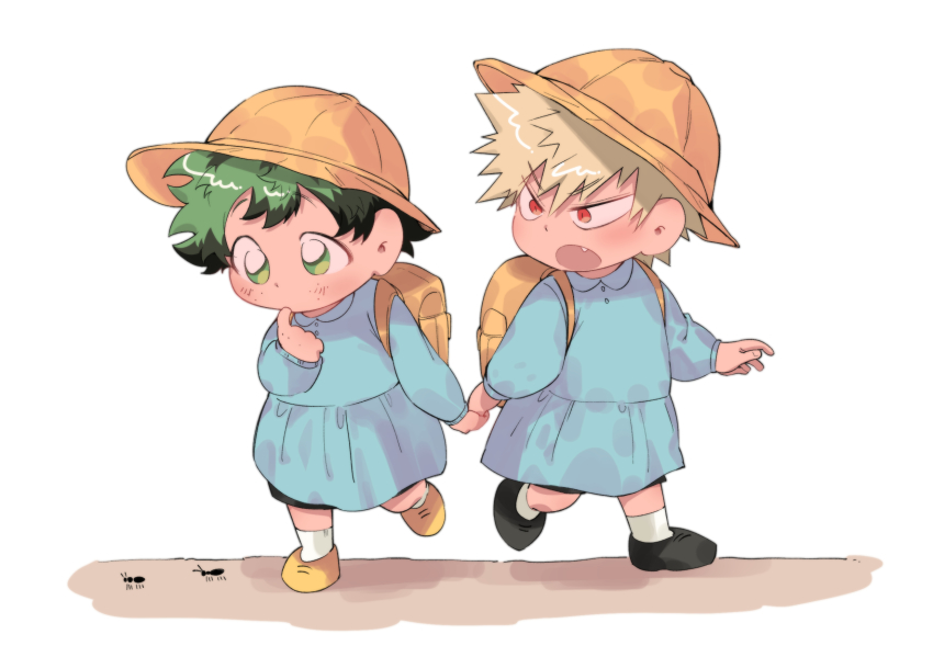 2boys aged_down ant backpack bag bakugou_katsuki black_footwear black_shorts blonde_hair blue_shirt blush boku_no_hero_academia bug child commentary_request fang finger_to_mouth freckles green_eyes green_hair hat highres holding_hands insect kindergarten_uniform long_sleeves looking_at_another looking_down male_focus midoriya_izuku multiple_boys open_mouth red_eyes school_hat school_uniform shirt shoes short_hair shorts simple_background socks spiked_hair standing ujooo walking white_background yellow_bag yellow_headwear yellow_shoes